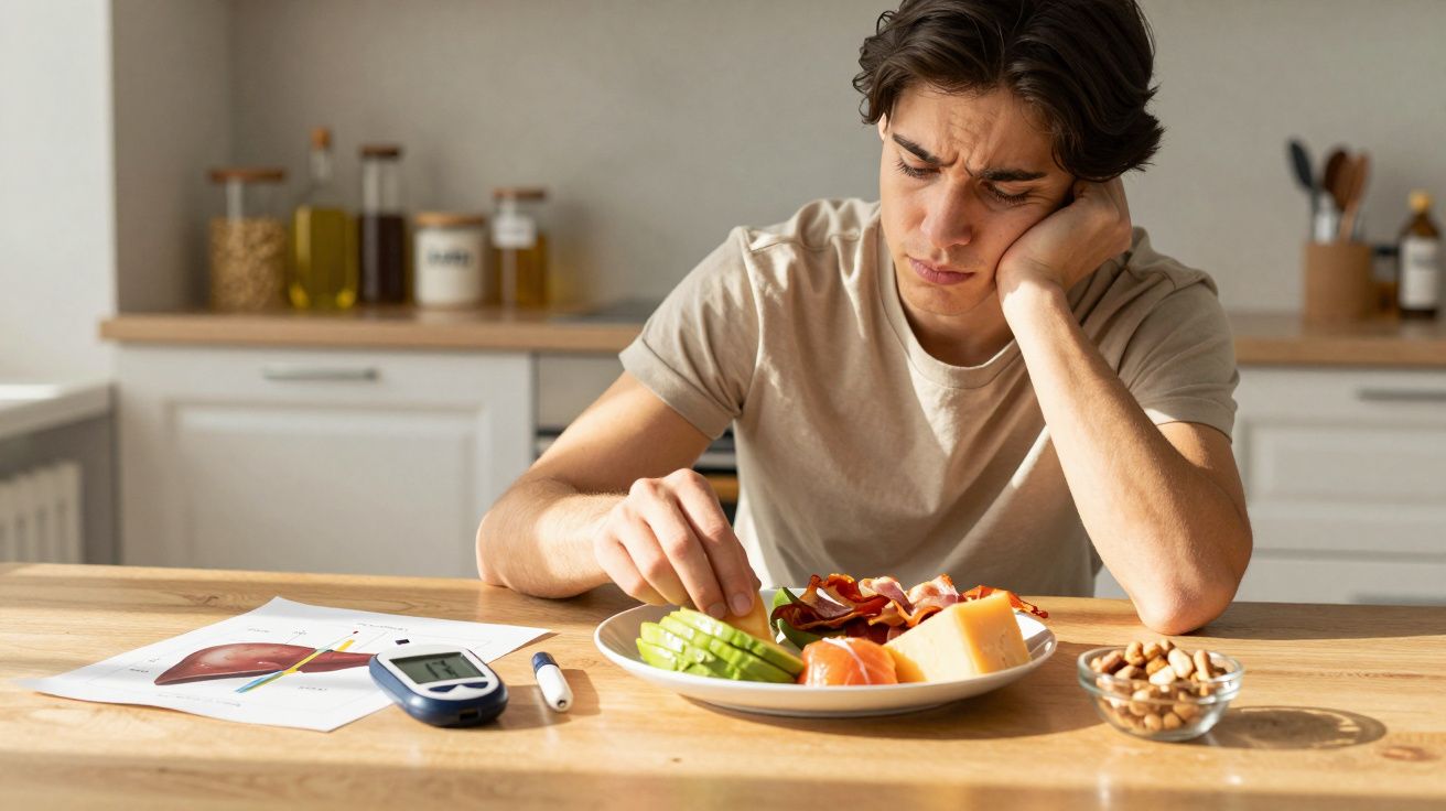 Young man with diabetes looking concerned at a plate of healthy food and a blood glucose monitor on the table.
