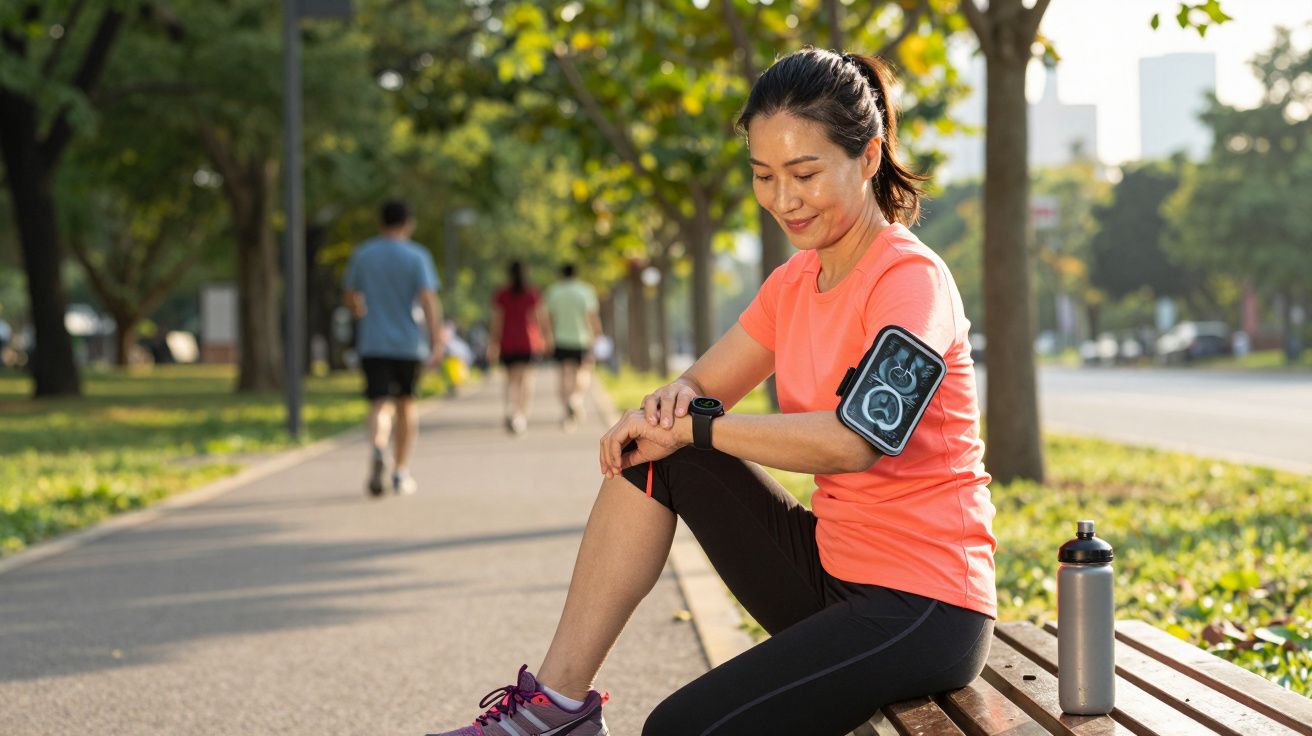 Woman in sportswear sitting on a park bench checking her smartwatch during a run with a water bottle beside her.