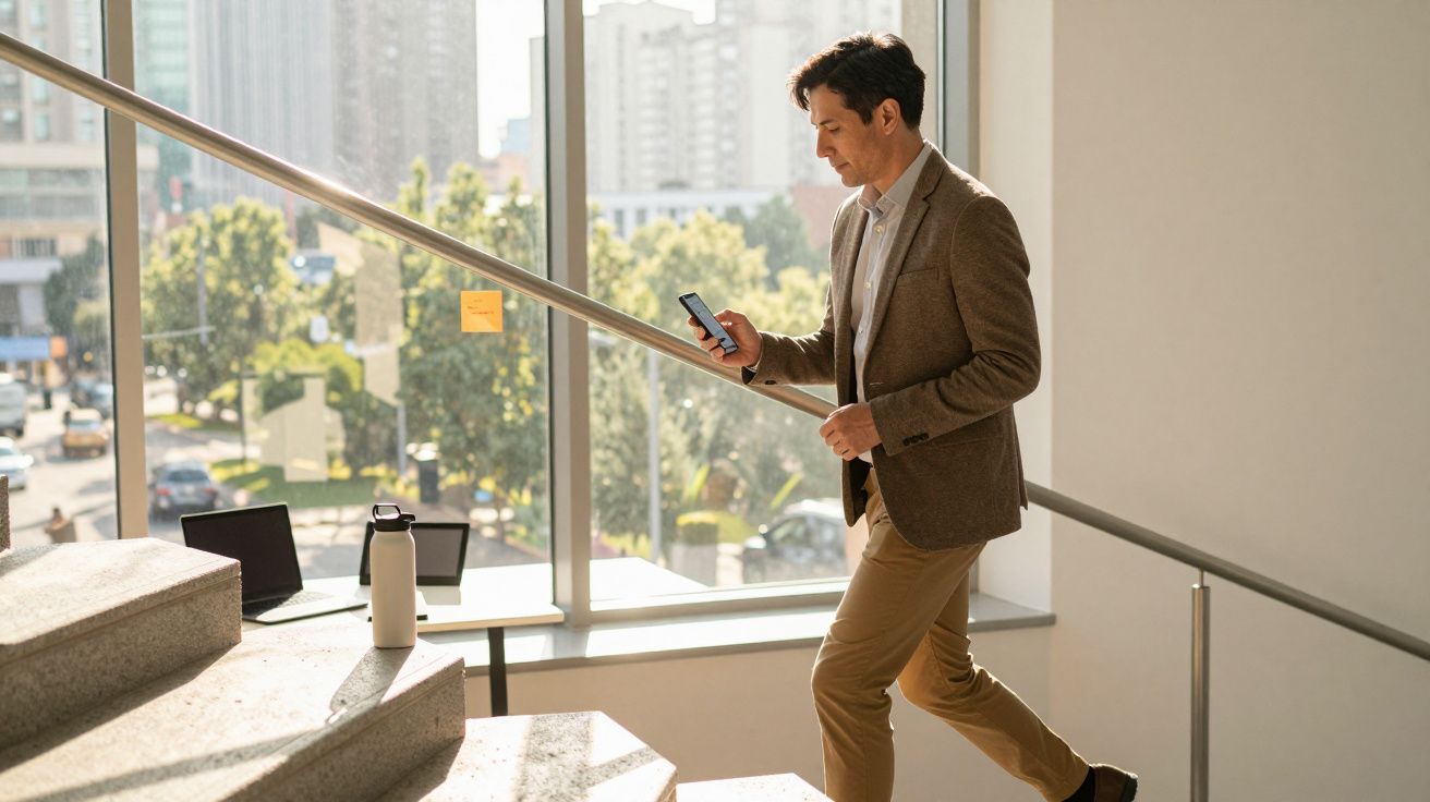 Businessman in a blazer walking up stairs while looking at his smartphone inside a modern office building.