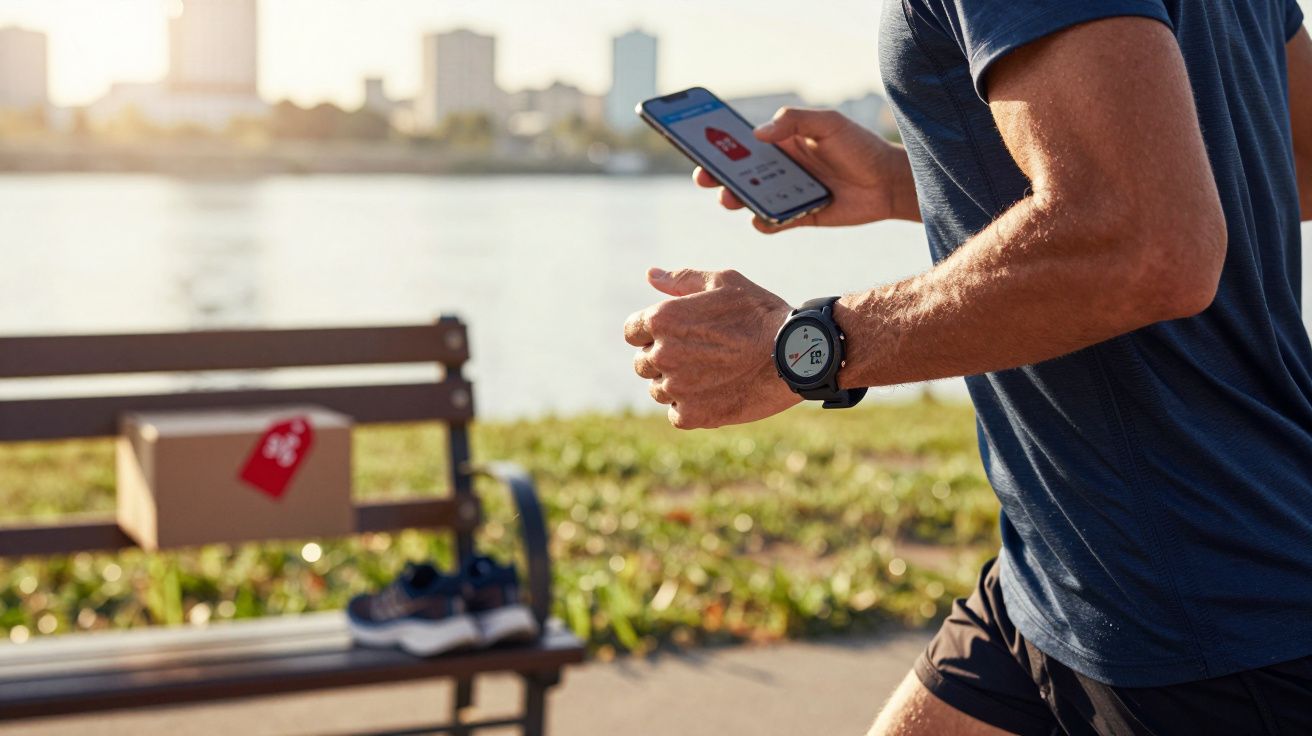 Man in sportswear running outdoors holding smartphone with fitness app near river and bench with shoes and box
