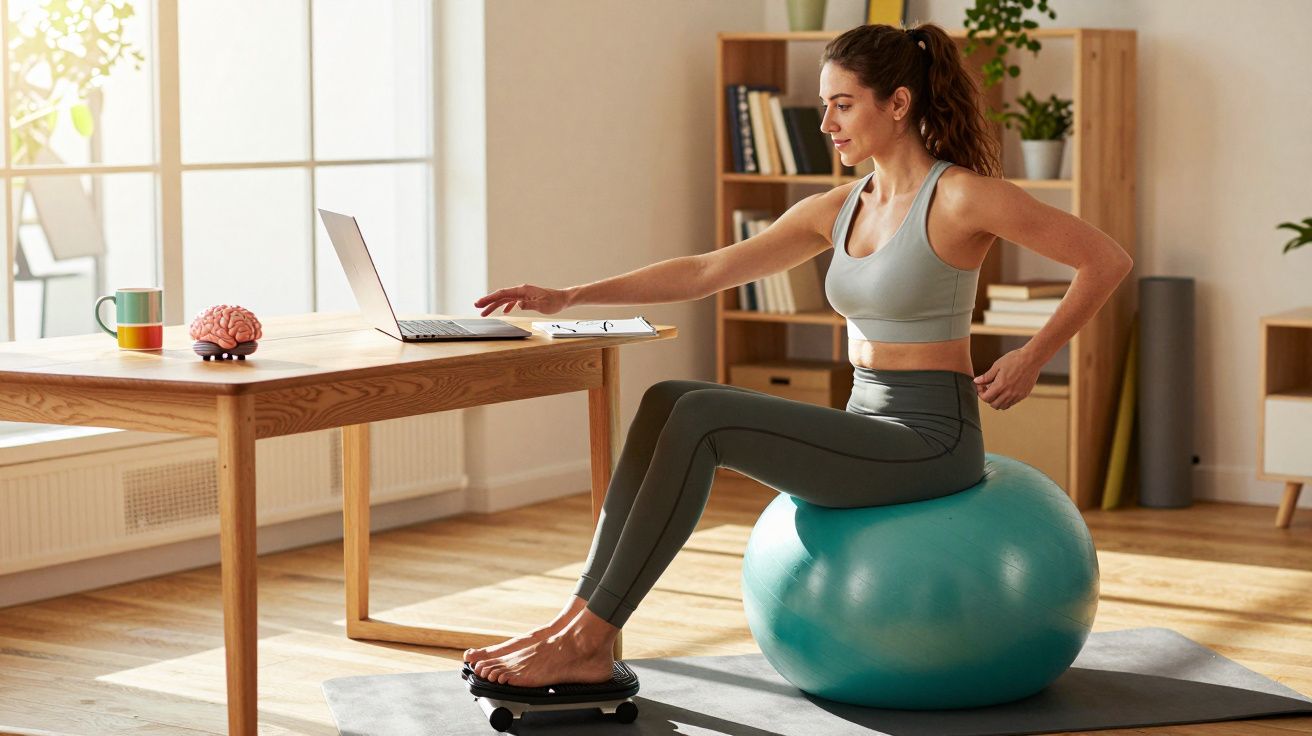 Woman in sportswear exercising on a stability ball while working on a laptop in a bright home office.