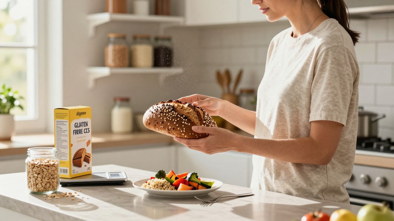 Person holding a seeded loaf of bread above a plate of vegetables in a bright modern kitchen.