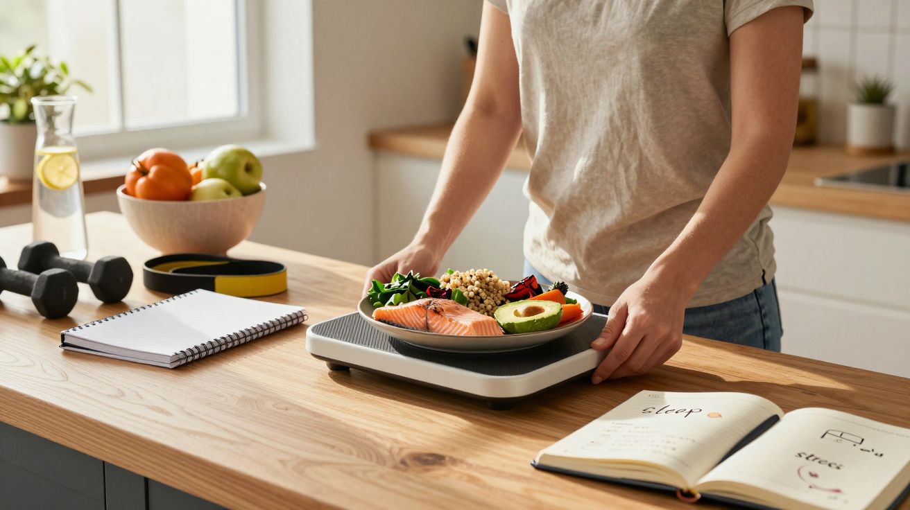 Person weighing a healthy meal with salmon, avocado, and vegetables on a digital scale in a kitchen.