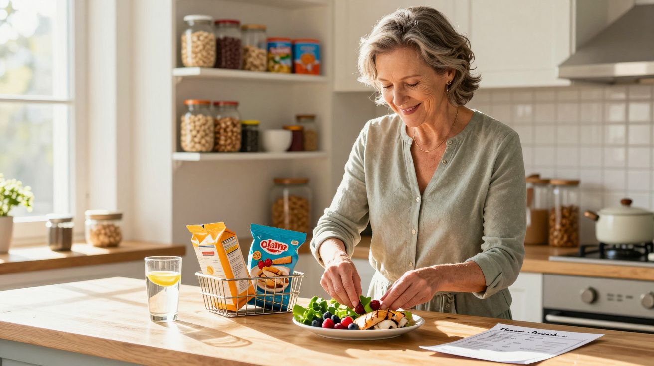 Older woman preparing a healthy fruit and salad plate in a sunny, organised kitchen.