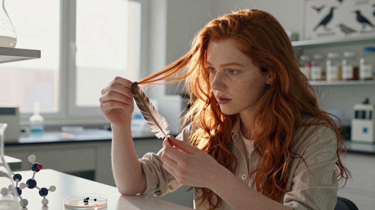 Young woman with red hair examining a feather in a science laboratory setting.
