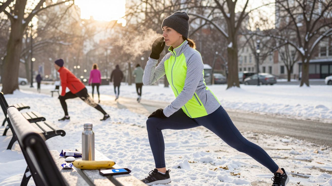 Woman in winter sportswear stretching her leg on a bench in a snowy park during sunrise.