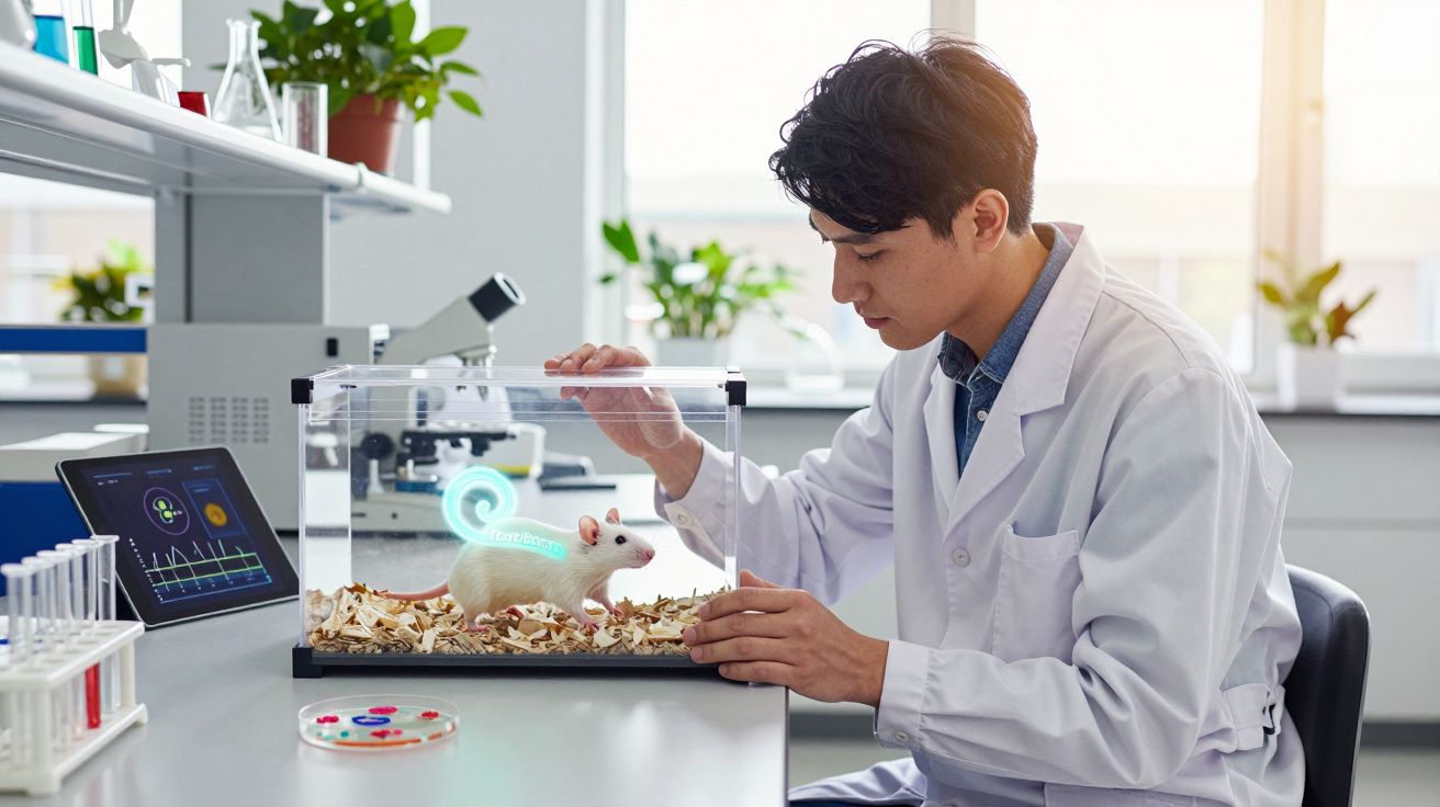 Scientist in lab coat examining a white lab mouse in a transparent cage with a monitor and petri dish nearby.