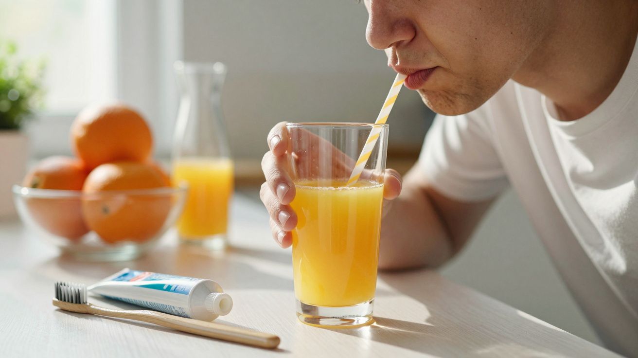 Person drinking orange juice through a straw at a table with toothbrush and toothpaste nearby.