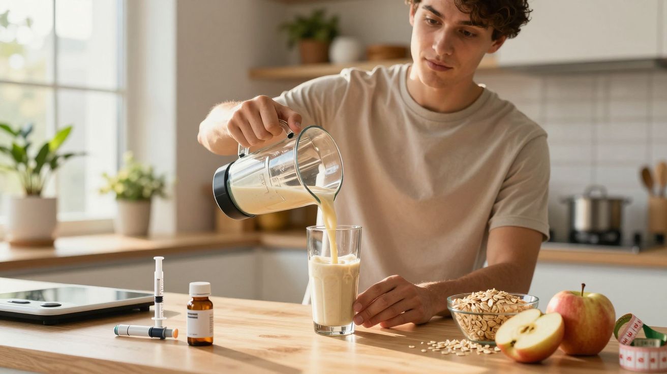 Young man pouring a protein shake into a glass in a kitchen with fruit, oats, and diabetes medication on the table.
