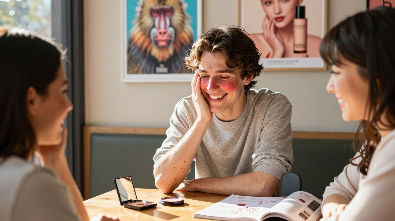 Three young adults laughing at a table with makeup and an open magazine in a bright room.