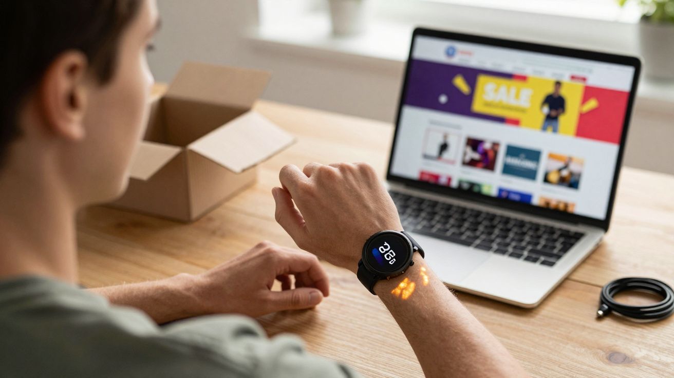 Person sitting at a desk checking storage space on a smartwatch with an open laptop showing a sale page.