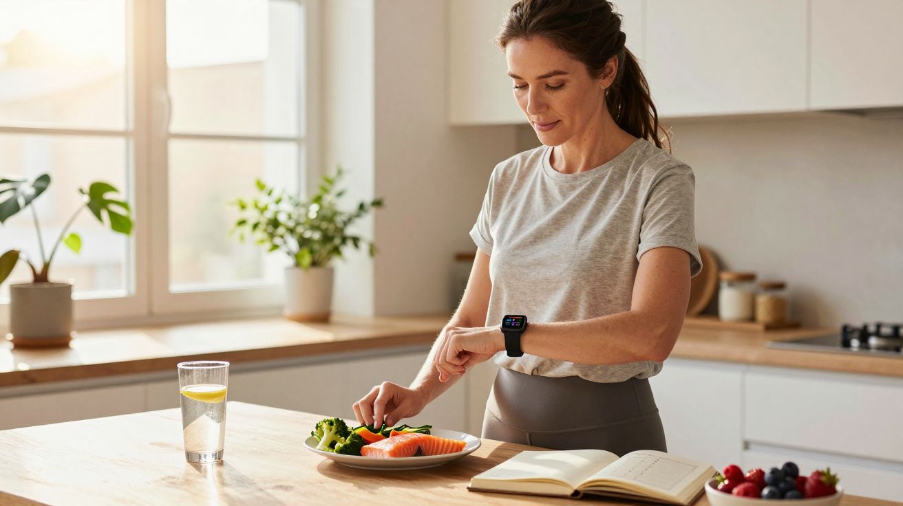 Woman checking smartwatch while preparing a healthy meal with salmon and vegetables in a bright kitchen.