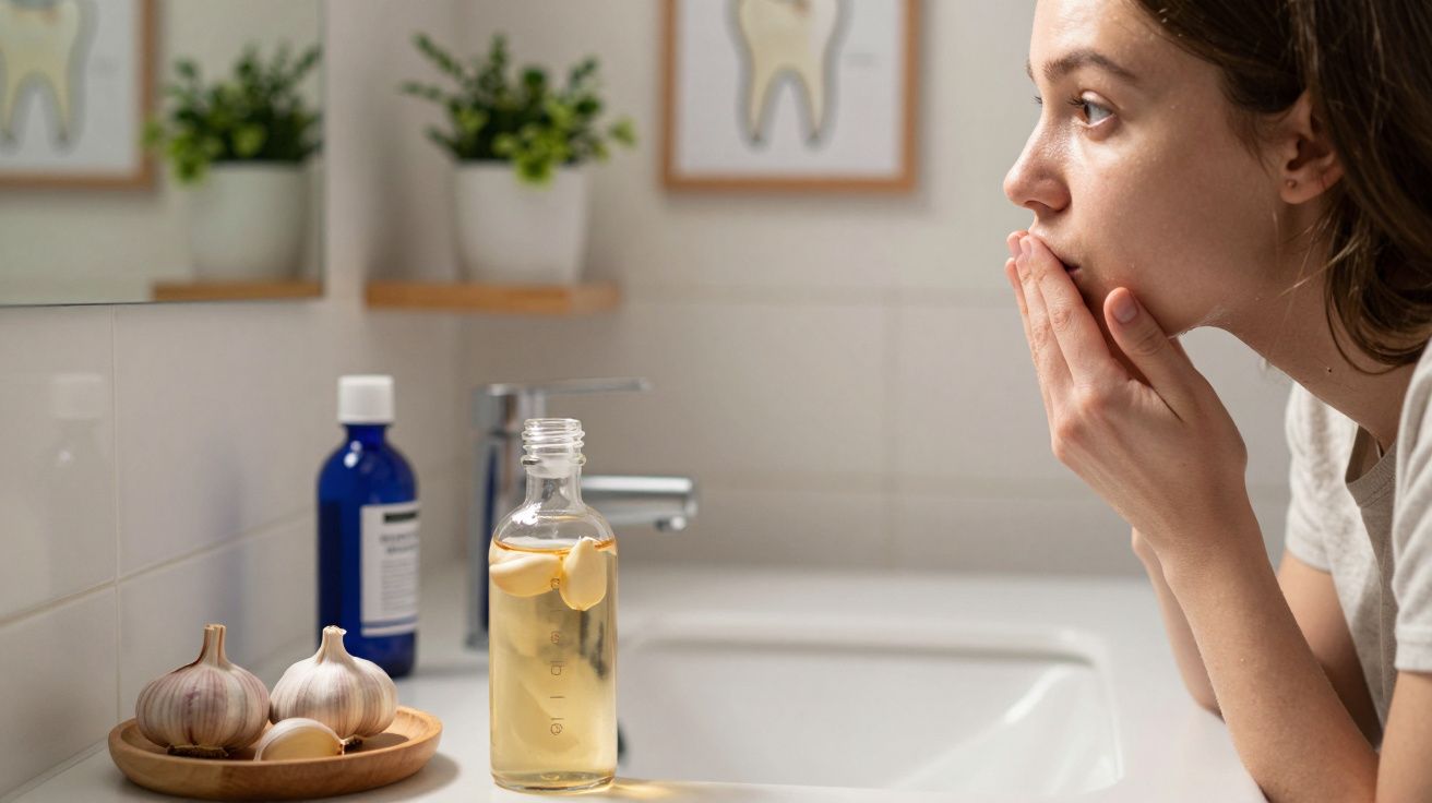 Young woman examining her skin closely in a bathroom with natural skincare products on the counter.
