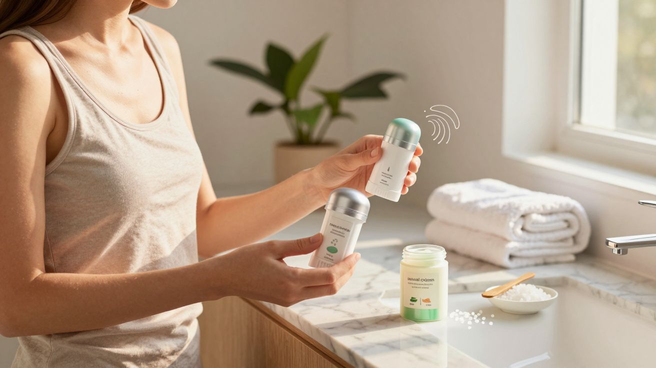 Person holding eco-friendly deodorants above a bathroom sink with towels and a jar of bath salts.