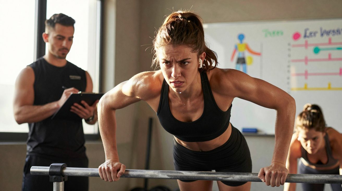 Woman doing push-ups on parallel bars in gym while trainer records progress on clipboard