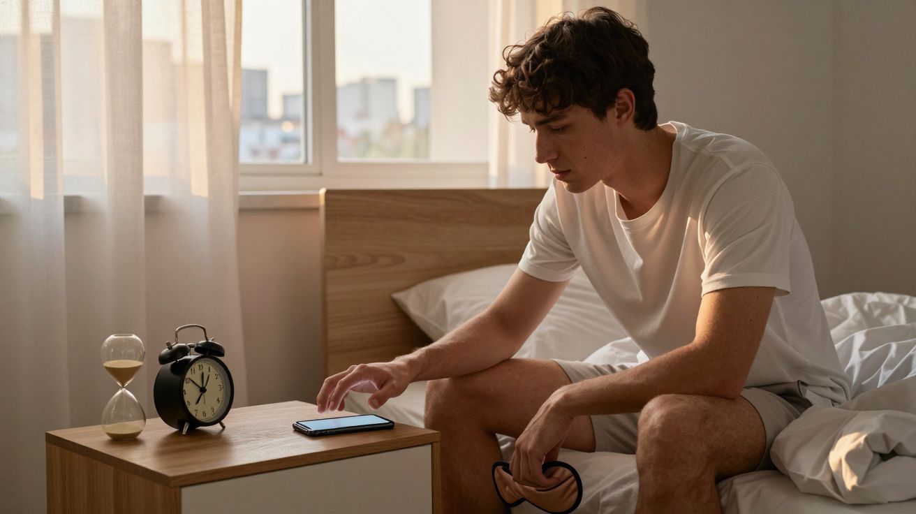 Young man in white t-shirt sitting on bed reaching for phone on bedside table at dawn.