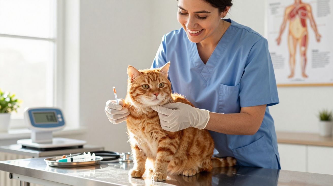 Veterinarian in blue scrubs holding a thermometer examining a calm ginger cat on a metal table.