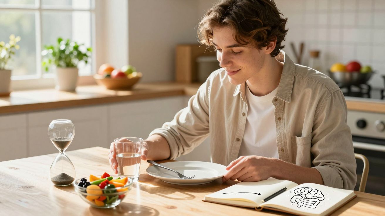 Young man sitting at kitchen table with glass of water, empty plate, fruit bowl, and open notebook with brain sketch