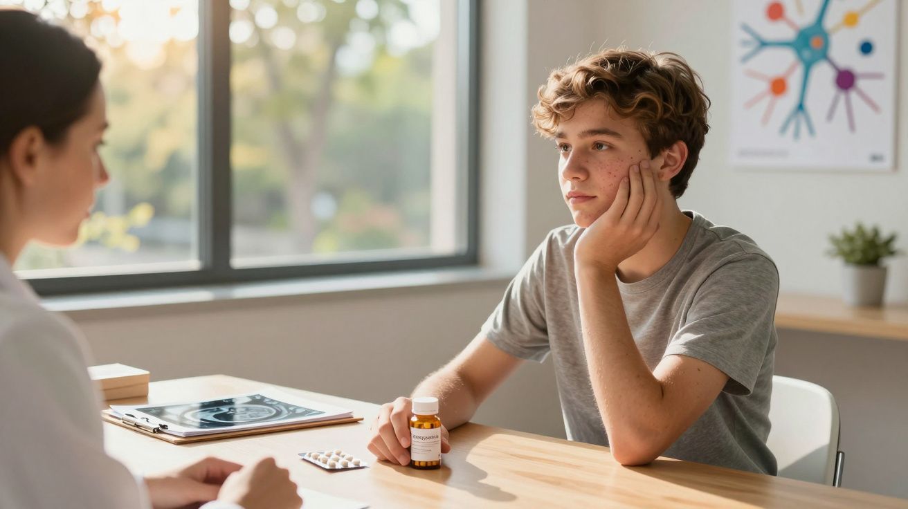 Teenage boy holding a prescription bottle seated at a table during a consultation with a healthcare professional.