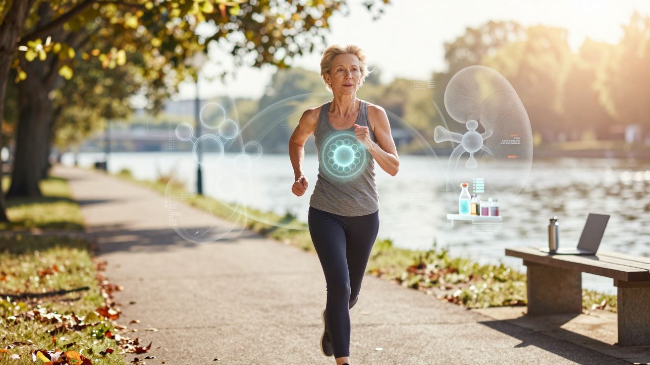 Older woman jogging outdoors by a river with digital health graphics overlay in a park on a sunny day.