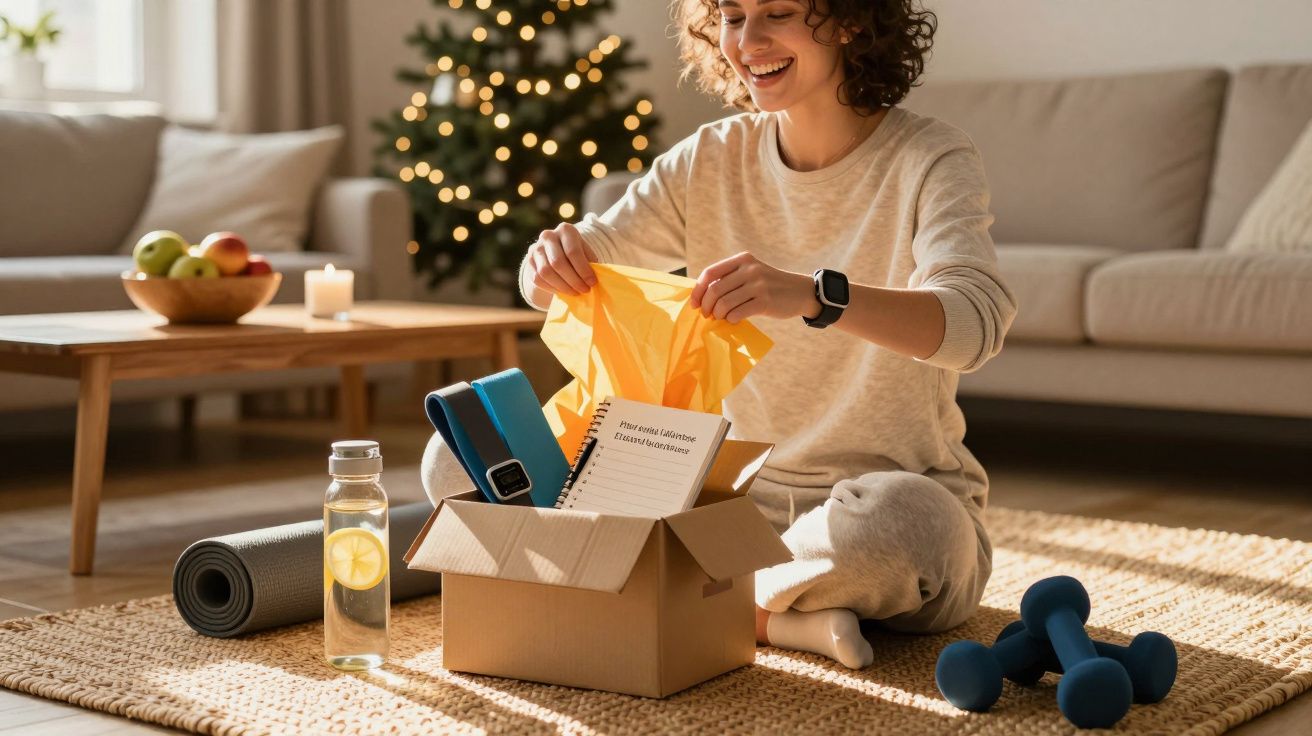 Woman unpacking a cardboard box with fitness gear in a cosy living room decorated for Christmas.