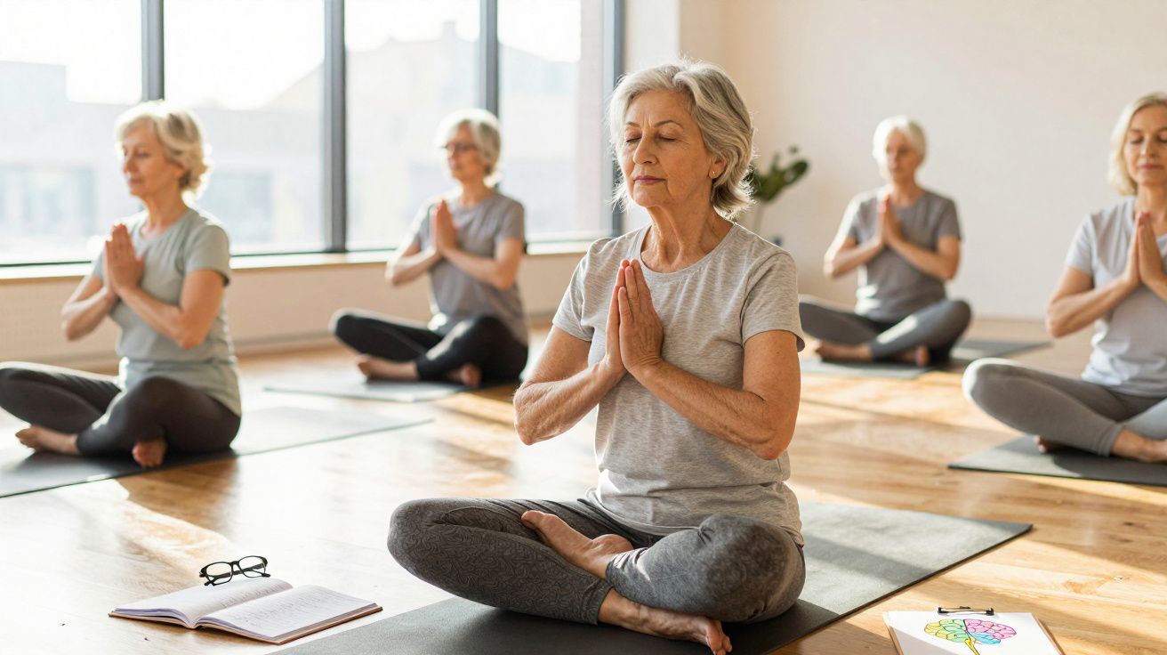 Group of older women meditating in a bright studio, sitting cross-legged with hands in prayer position.