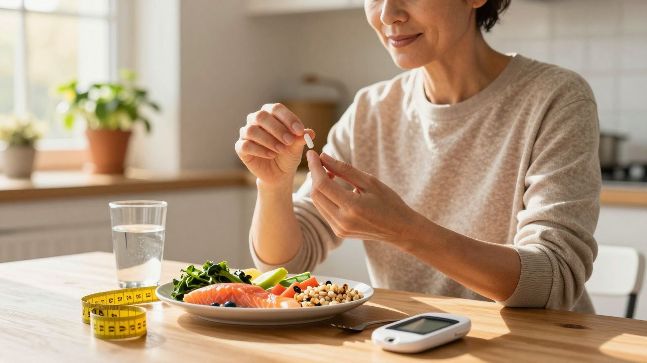 Middle-aged woman sitting at kitchen table with healthy meal, holding a pill, with glucose meter and tape measure nearby.