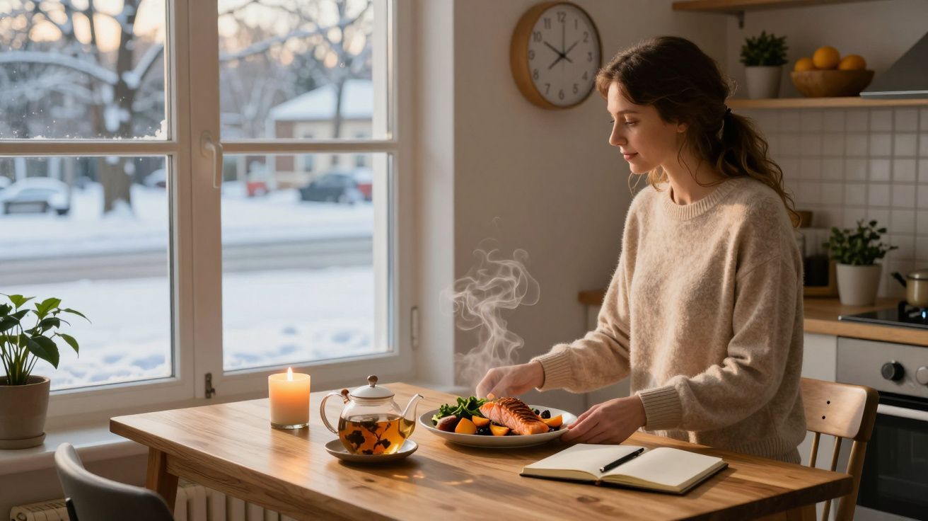 Woman sitting at a wooden table by a snowy window, enjoying a steaming meal and tea with a notebook open.