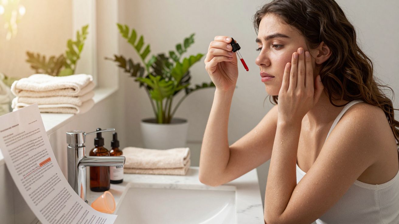 Woman reading instructions while applying red facial serum with dropper in a bright bathroom.