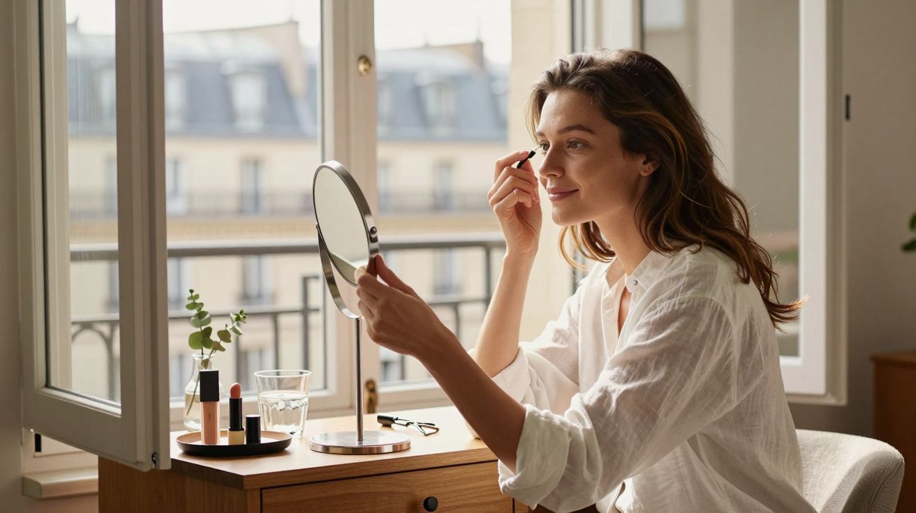 Young woman sitting by a window applying eyebrow makeup using a handheld mirror on a wooden table.
