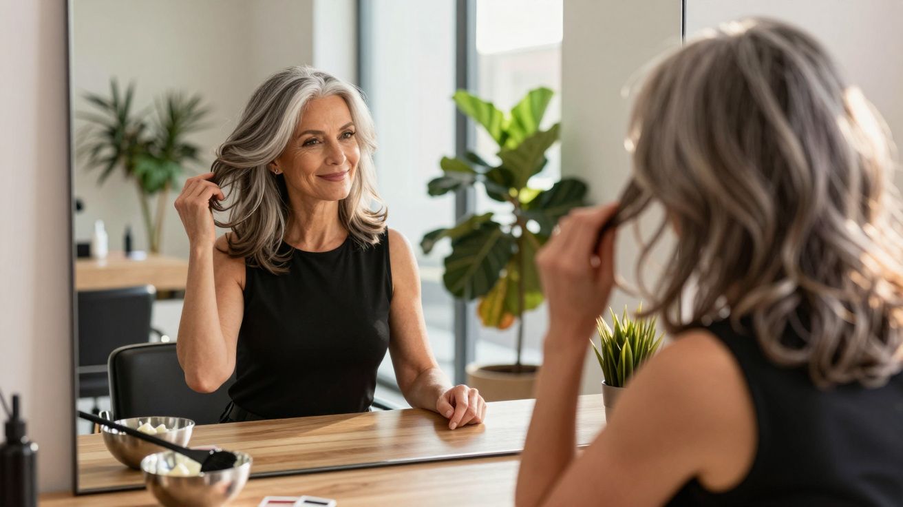 Smiling middle-aged woman with grey hair adjusting her hair while looking in a mirror at a wooden table.