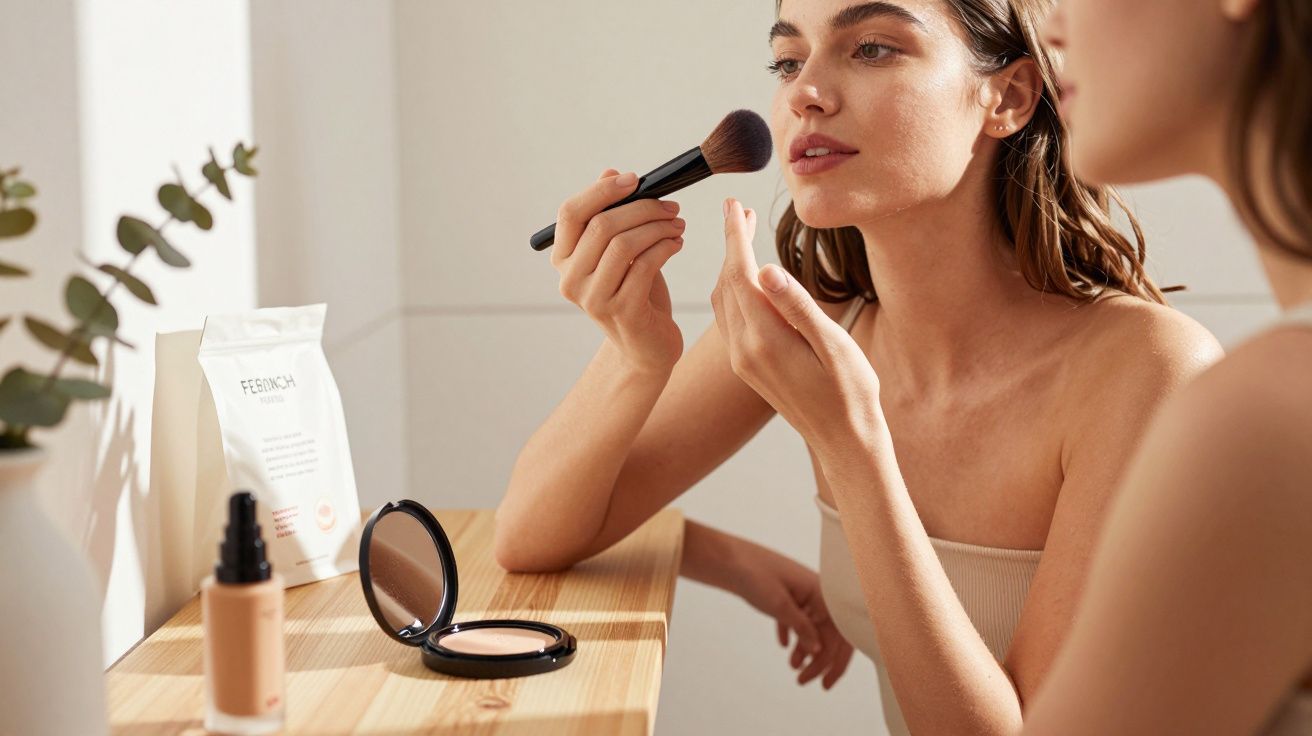 Woman applying makeup with a brush while looking into a mirror on a wooden table with cosmetics nearby.