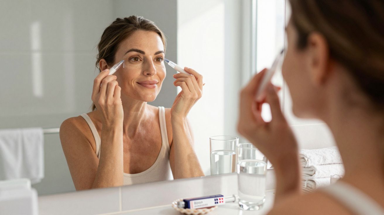 Woman applying eye cream on under eyes while looking in bathroom mirror
