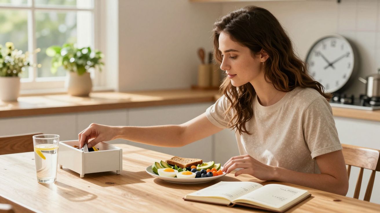 Woman sitting at a wooden table reaching into a box with a plate of healthy food and an open book nearby.