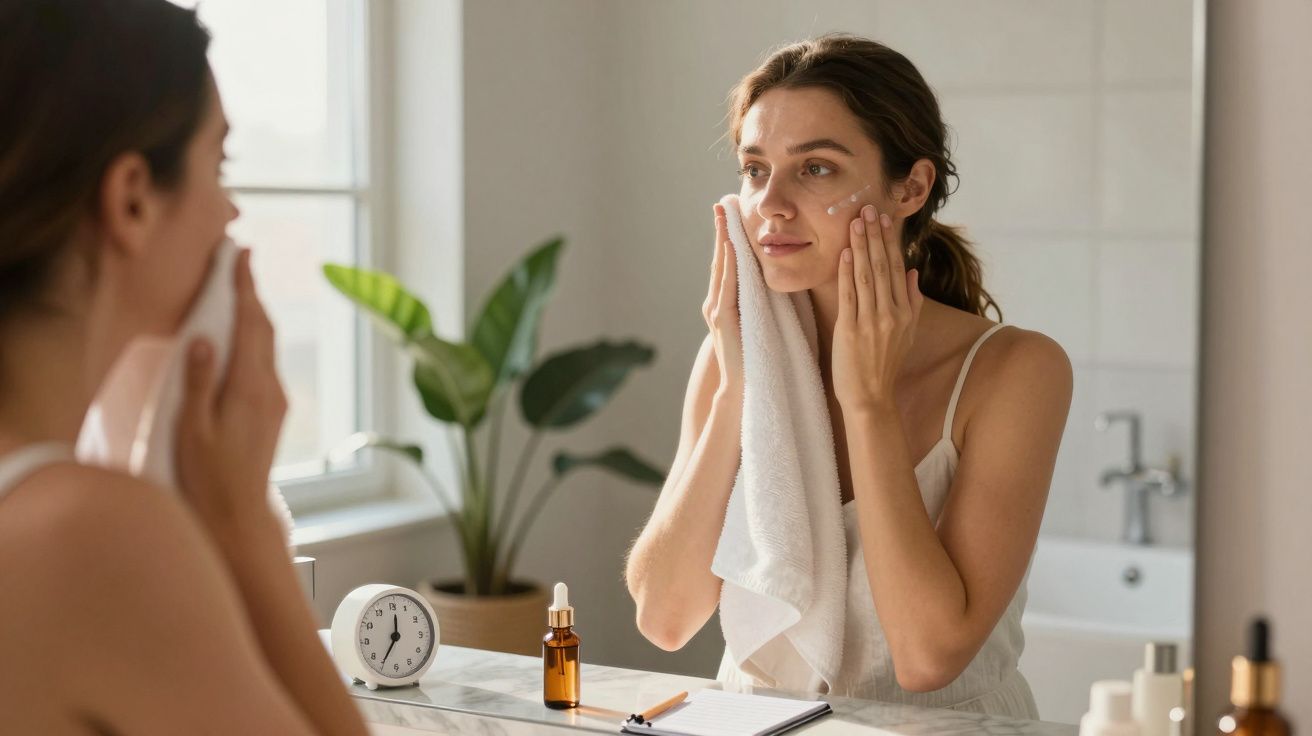 Young woman applying skincare cream on her face in front of a bathroom mirror holding a white towel.