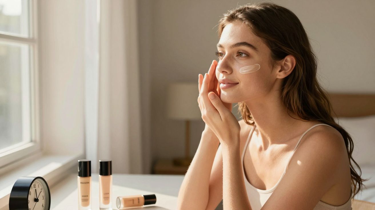 Young woman applying cream to her cheek at a sunlit vanity with makeup products and a clock nearby.