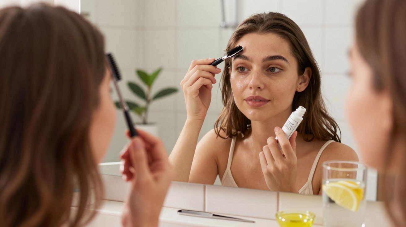 Young woman applying eyebrow gel while looking in bathroom mirror with glass of lemon water nearby.