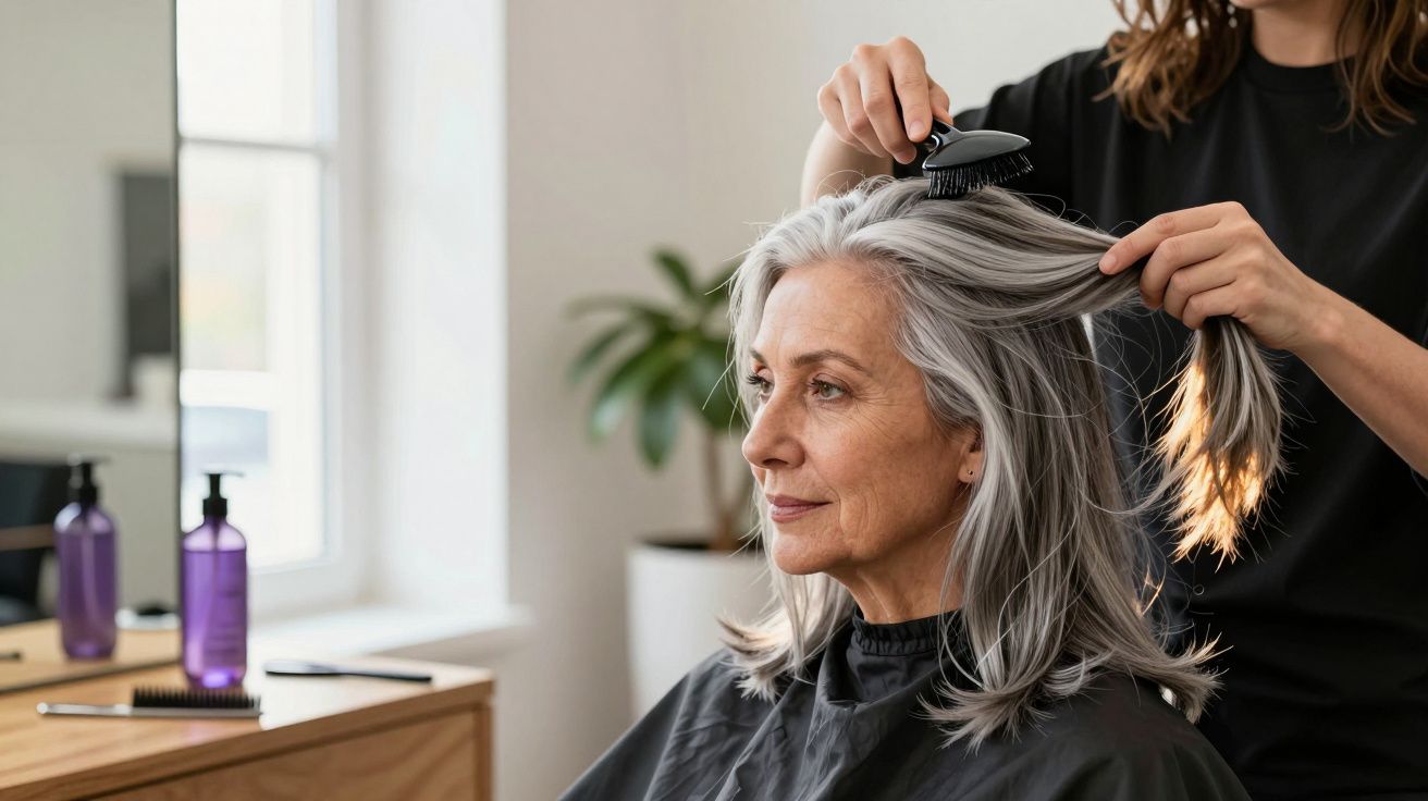 Woman with grey hair sitting in salon chair having her hair brushed by a stylist in a bright room