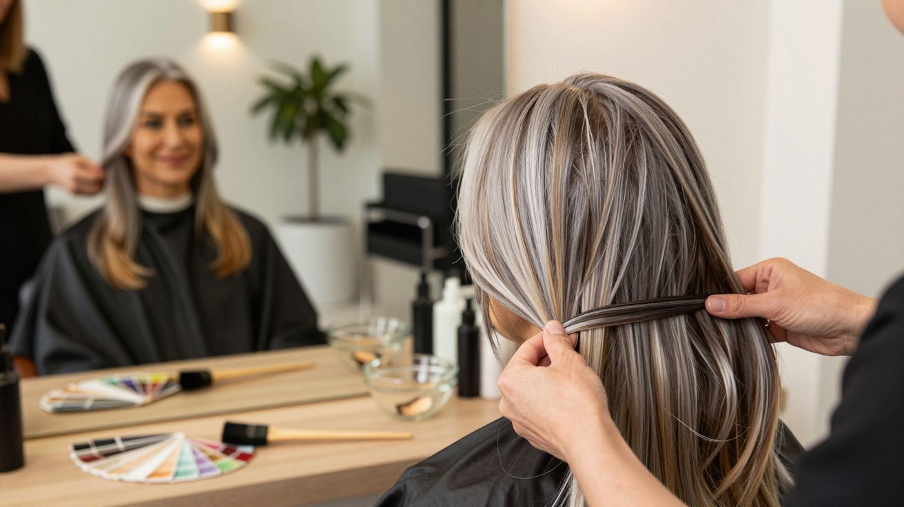 Hairdresser styling a woman's long blonde and silver hair in a salon with a mirror reflecting her smiling face.