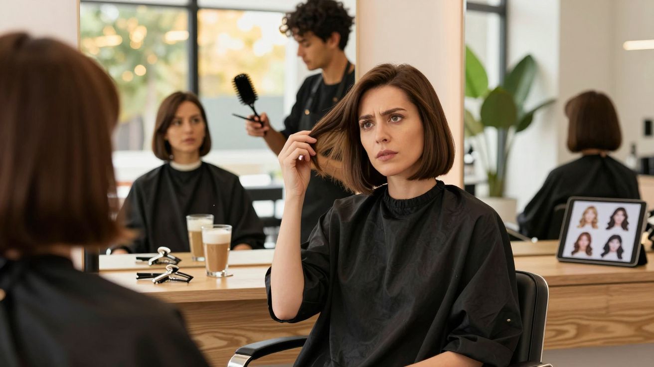Woman in a salon cape examining her hair in a mirror while a hairdresser prepares in the background.