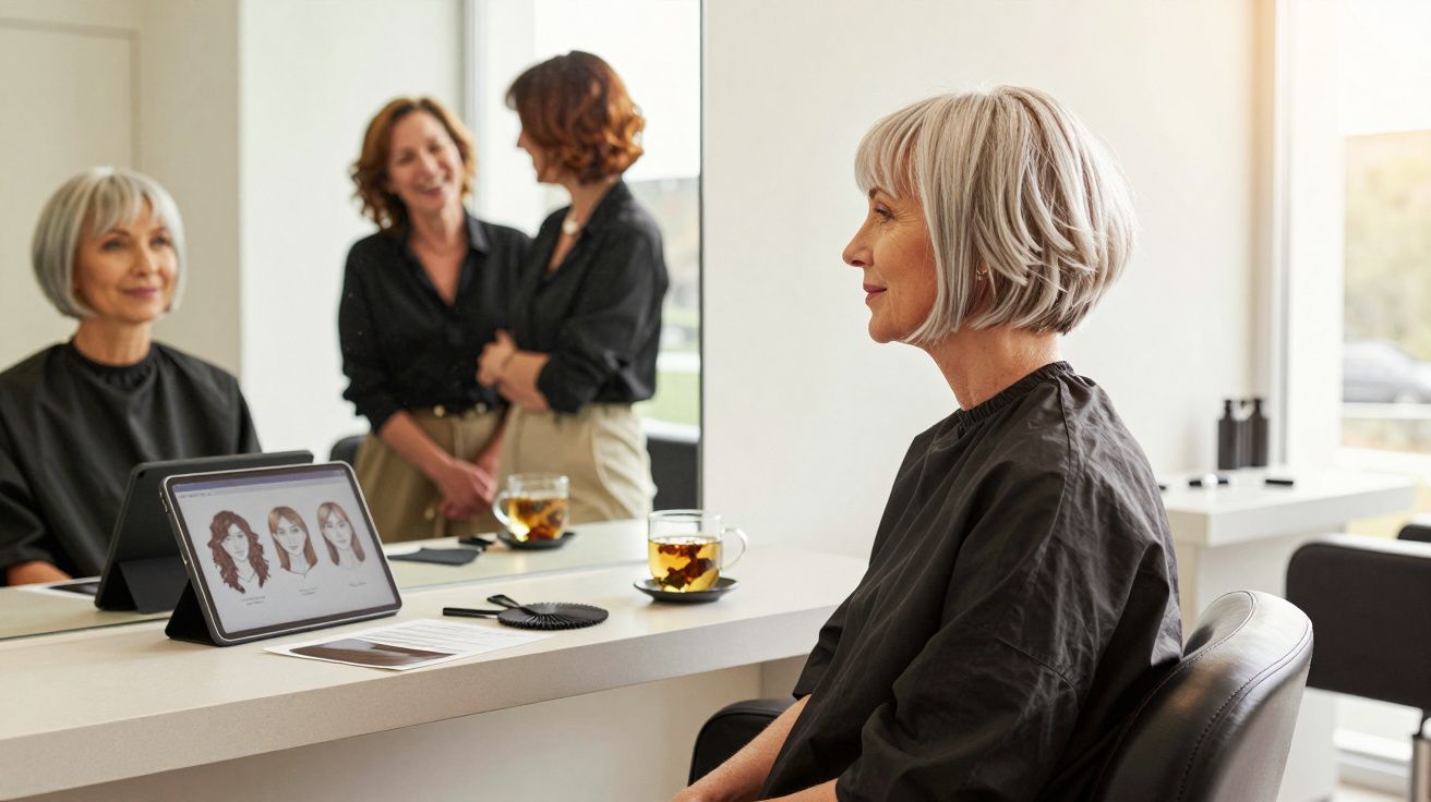 Older woman with short grey hair sitting in a salon chair looking at hairstyle options on a tablet screen.