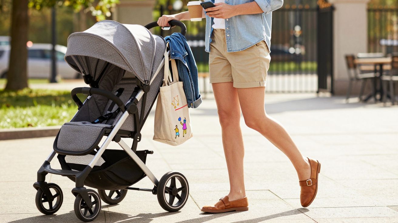Person pushing a grey baby stroller outdoors holding a coffee cup and smartphone, with a bag hanging on the handle.