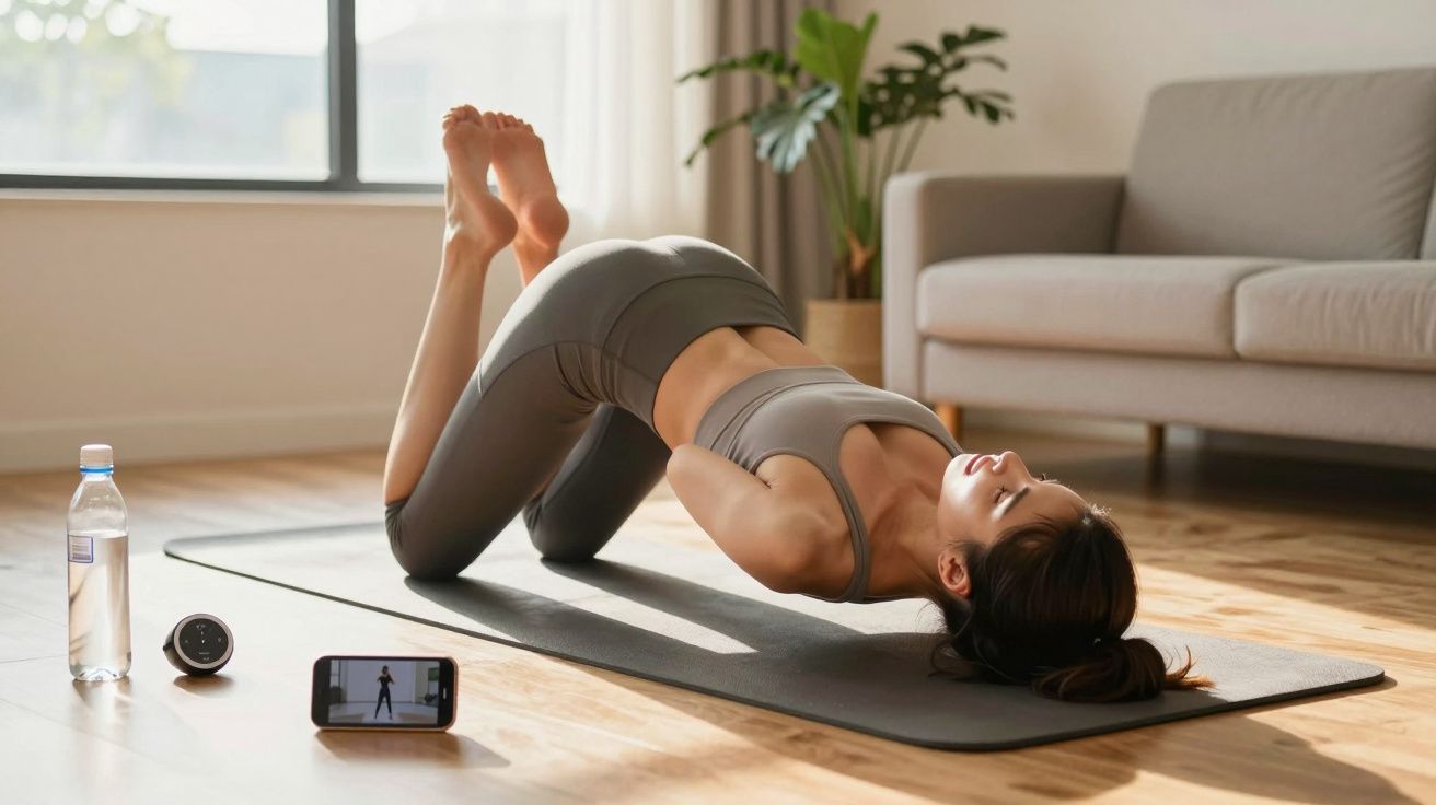 Woman in grey workout clothes stretching on a yoga mat in a sunlit living room with phone and water bottle nearby
