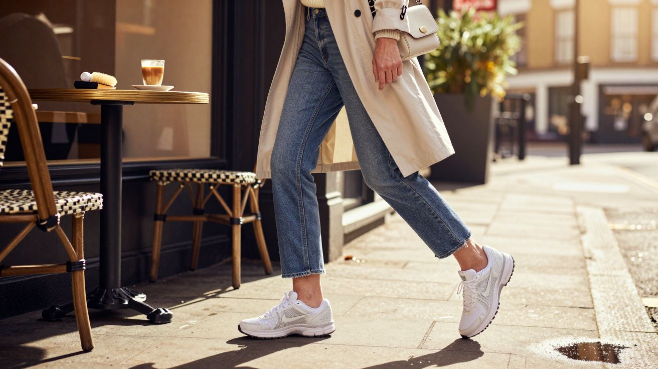 Person wearing white sneakers, blue jeans, and a beige trench coat walking past a café table with a coffee.