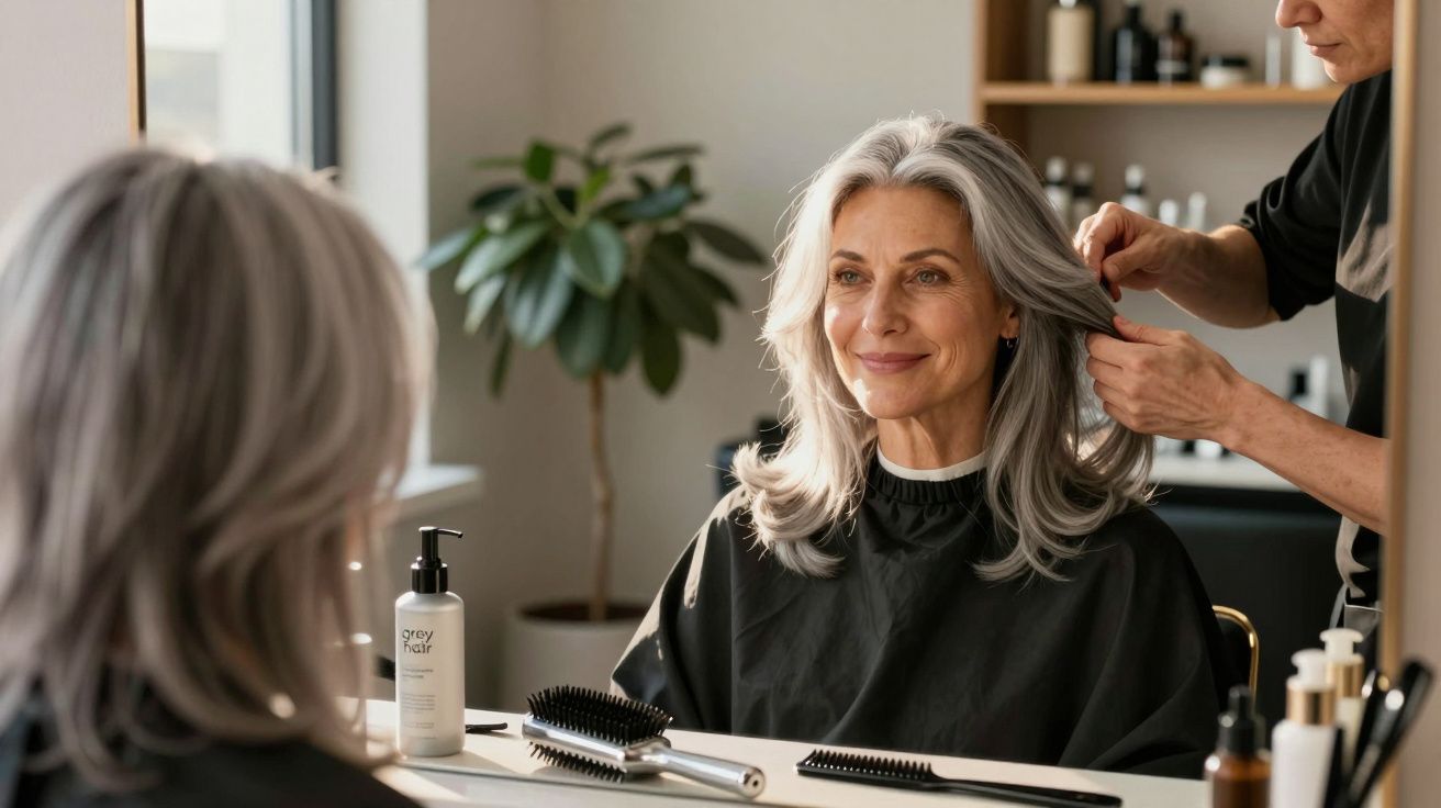 Middle-aged woman with grey hair smiling as a hairdresser styles her hair in a salon mirror.