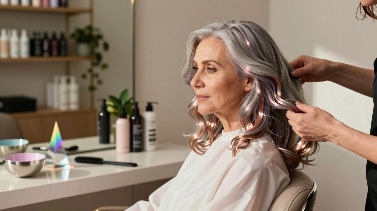 Older woman with silver hair getting styled at a salon with hair care products on the counter.