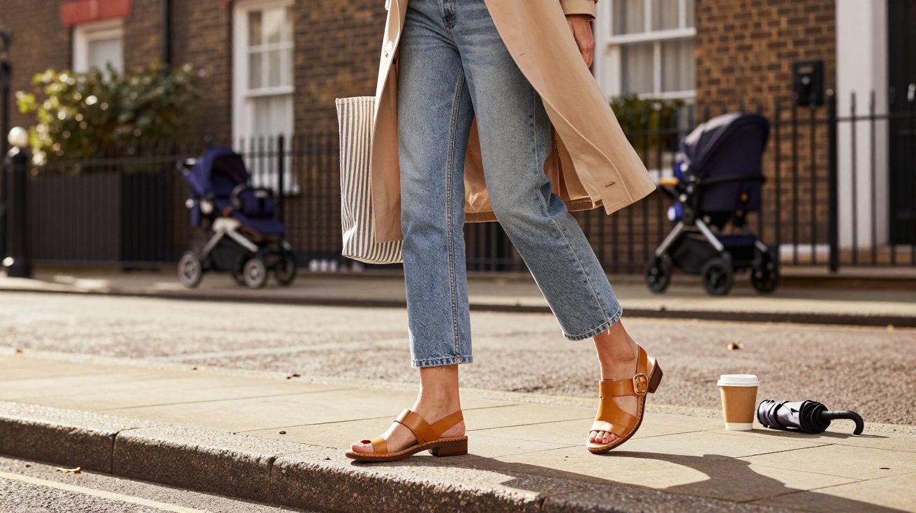 Person wearing tan sandals and blue jeans walking on pavement next to a takeaway coffee cup and folded umbrella.