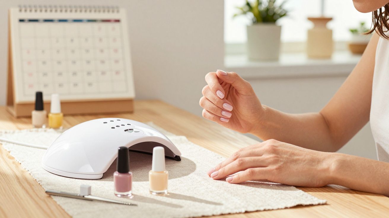 Person curing nails under a white LED lamp with nail polish bottles and a calendar on a wooden table