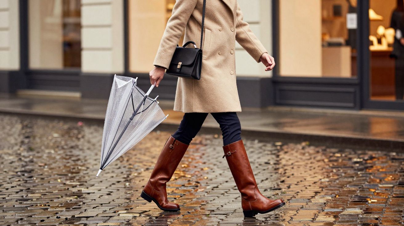 Person in a beige coat and brown boots walking on wet cobblestone street holding a folded clear umbrella.