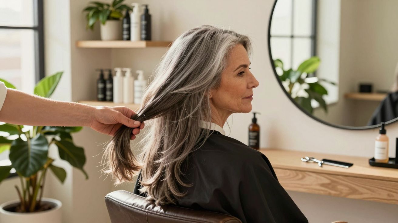 Woman with long grey hair sitting in a salon chair having her hair styled by a hairdresser.